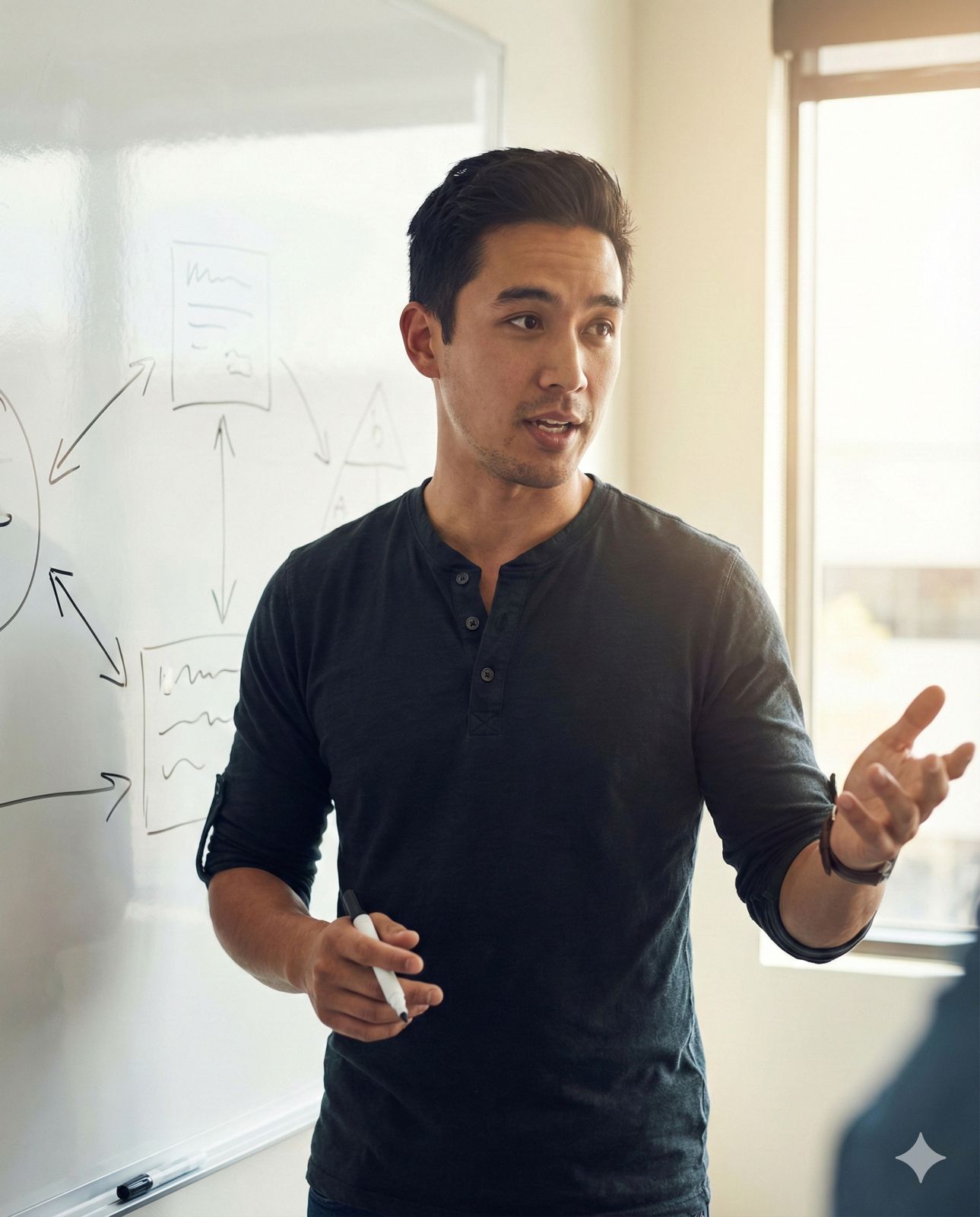 Growth strategist explaining a marketing framework at a whiteboard